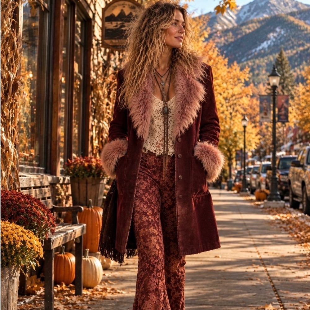 Vintage XOXO Burgundy Suede Leather Long Coat Pink Faux Fur Penny Lane Y2K Boho